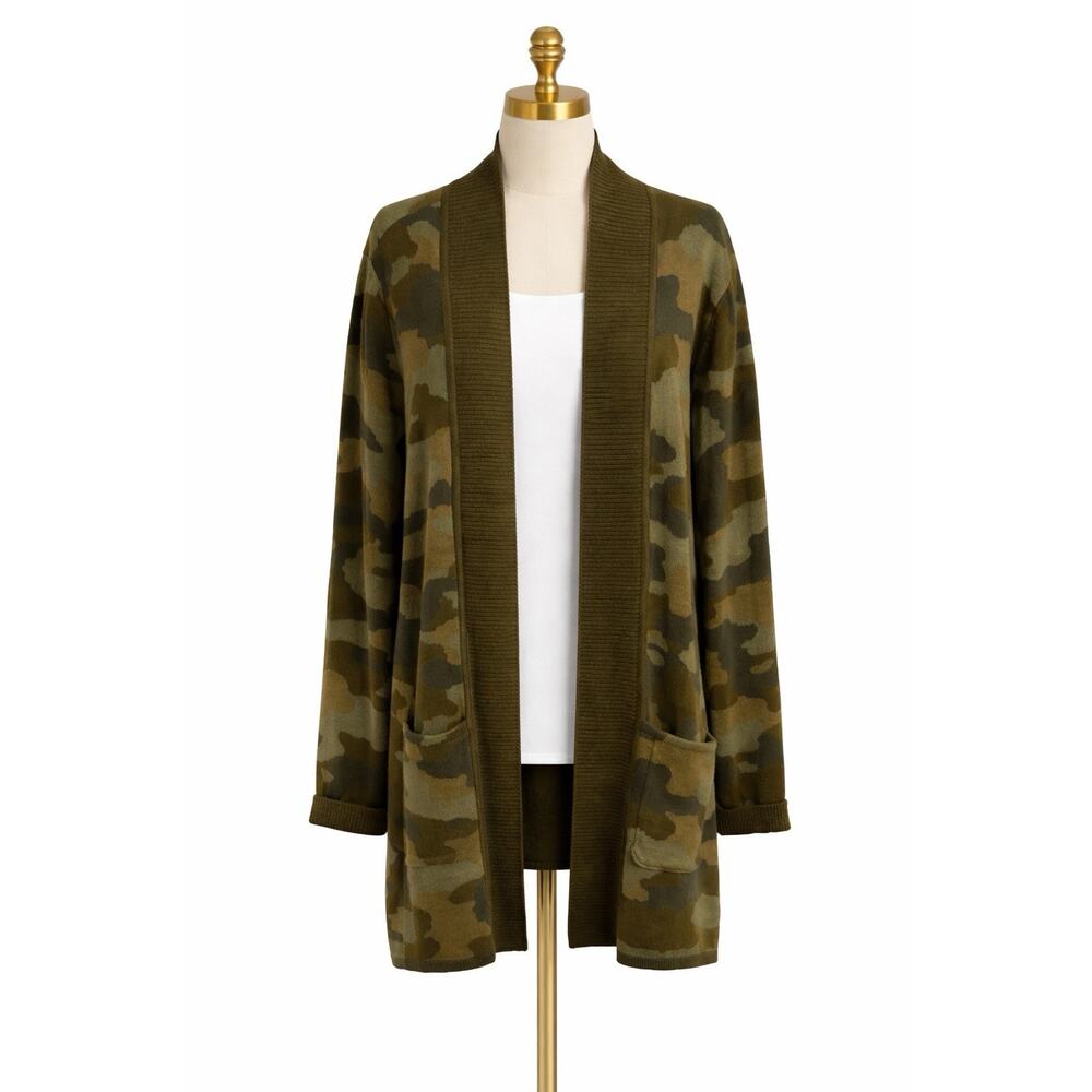 Isaac Mizrahi Live Camo Open Front Cardigan Sweater Women’s Medium Pockets NEW